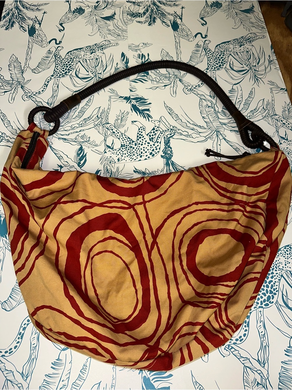 Old Navy Mustard Canvas Shoulder Bag with Rust Swirl Print